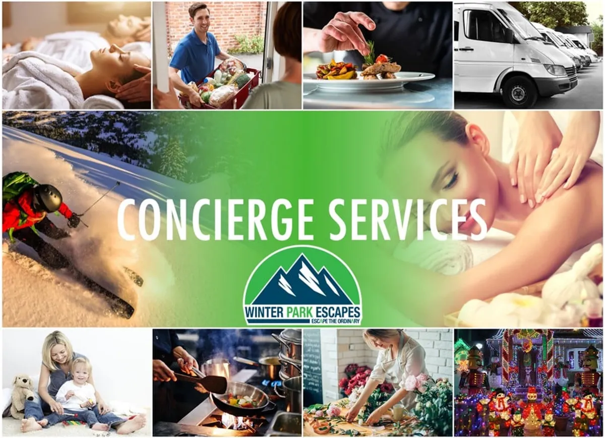 A collage-style interior image featuring vignettes of concierge services: a family skiing, a relaxing spa treatment, a gourmet dish being prepared, and festive family gatherings. The atmosphere communicates a full-service, hospitality-driven experience.