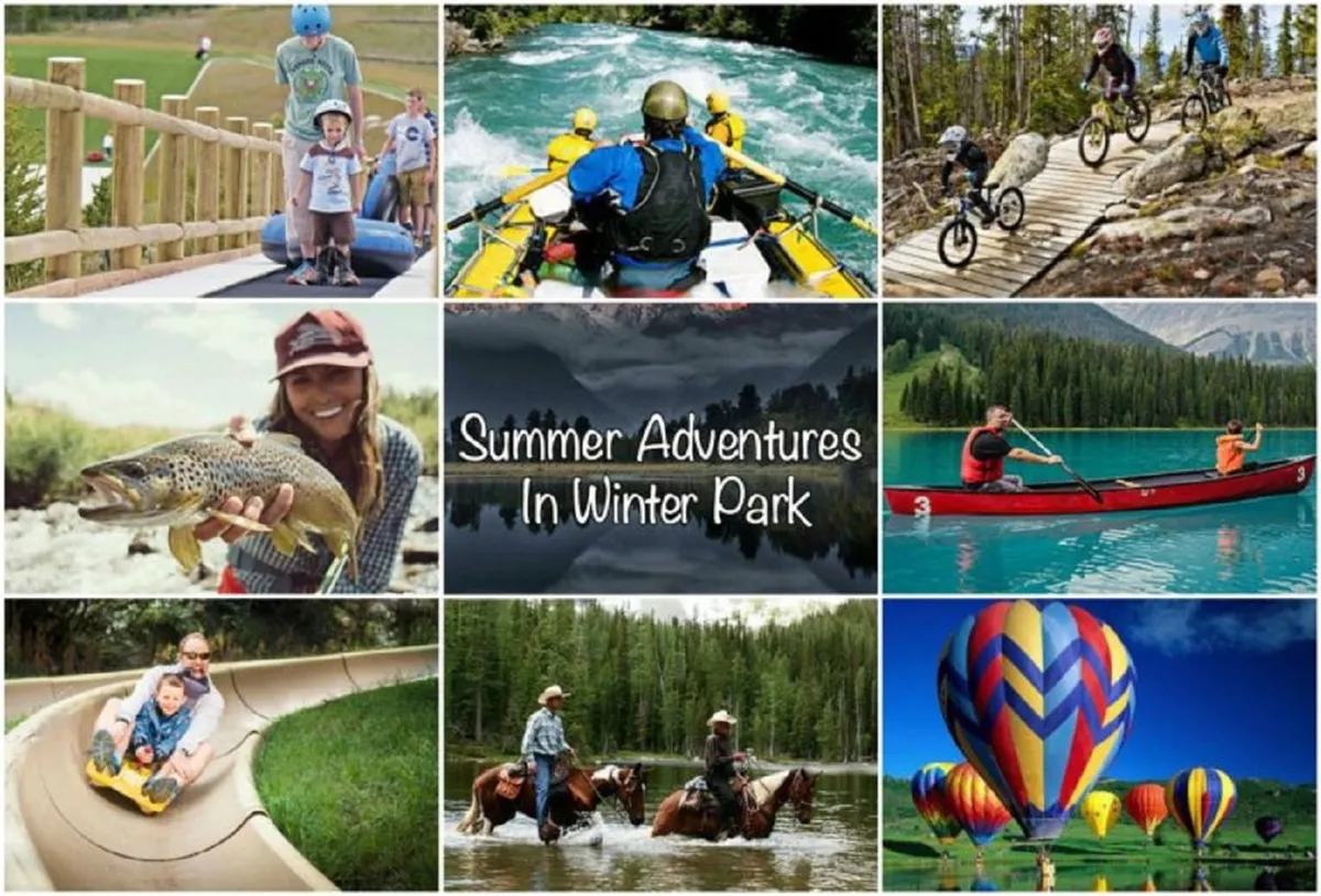 This energetic exterior photo shows families and groups participating in summer outdoor adventures like white-water rafting, biking, canoeing, horseback riding, and enjoying water slides, set against scenic mountain and riverside landscapes. The image communicates the vibrancy and variety of summer options.